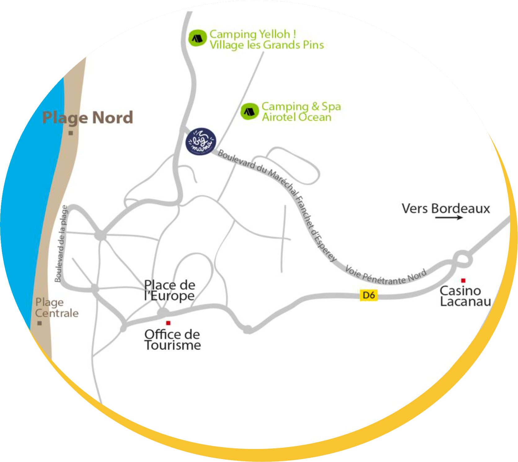Carte localisant l'école de surf Big Mama Surf School à Lacanau